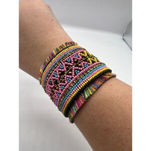 Boho Beaded Cuff Bracelet Rhinestone Seed‎ Bead Fringe Festival Statement 6.5"